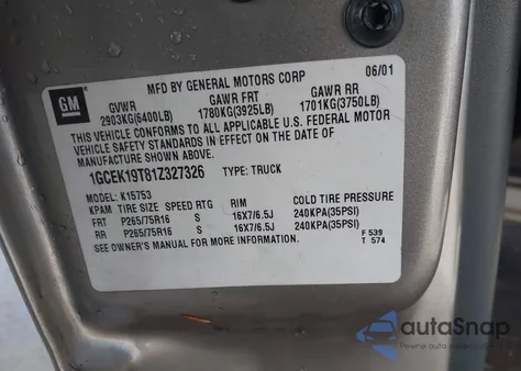 2001 Chevrolet Silverado 1500 Lt из США, поврежденный, VIN 1GCEK19T81Z327326